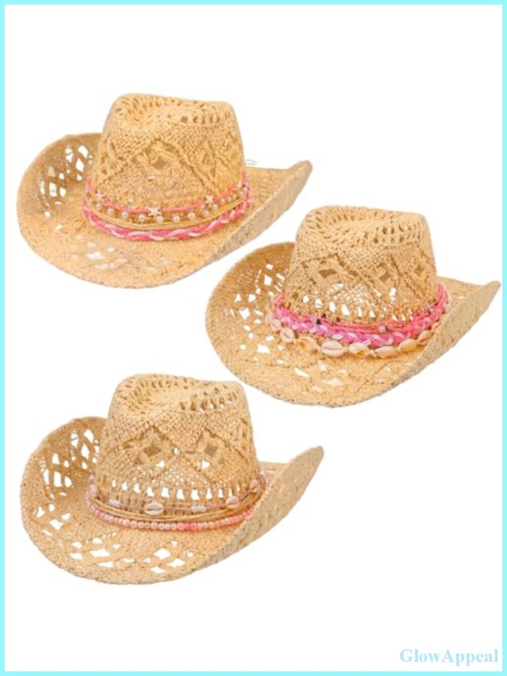 3pk Coastal Cowgirl Straw Hats Seashell Bachelorette Beach Women